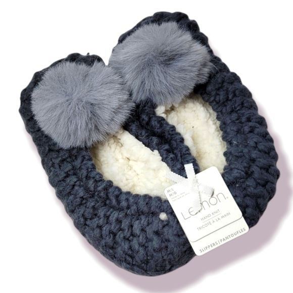 Lemon Grey Pom Knit Slippers sz M/L - Picture 2 of 4